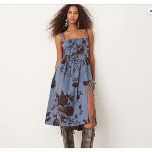 NWT Free People Sz Lg Laters Baby Cotton Midi Dress Blue/Storm
